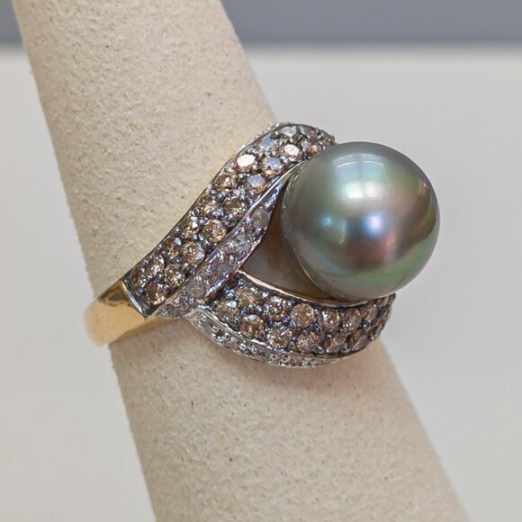 14k Yellow Gold Tahitian Pearl & Champagne Diamond Pavé Bypass Ring — 10mm, sz 6 - Picture 3 of 12